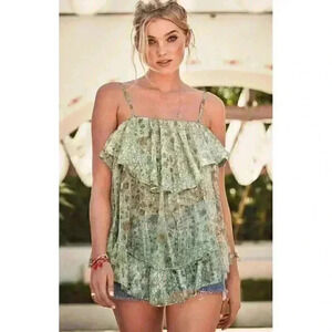 Victorias Secret Dream‎ Angels Chiffon Y2K Sheer Green Floral Baby Doll Top Sz M